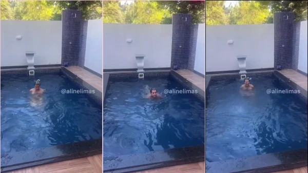 Aline Lima nua na piscina da sua casa